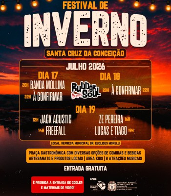 VEM AÍ O FESTIVAL DE INVERNO SANTA CRUZ DA CONCEIÇÃO COM ENTRADA GRATUITA