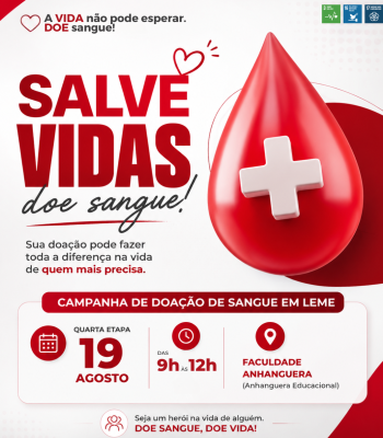 QUARTA ETAPA DO CALENDÁRIO DE DOAÇÃO DE SANGUE SERÁ NO DIA 19 DE AGOSTO