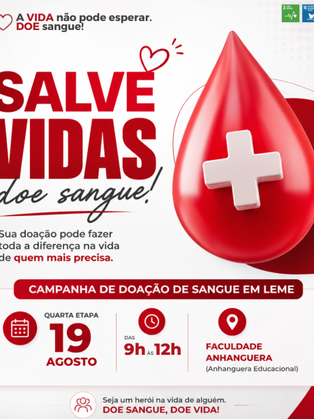 QUARTA ETAPA DO CALENDÁRIO DE DOAÇÃO DE SANGUE SERÁ NO DIA 19 DE AGOSTO