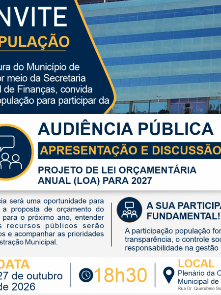 SECRETARIA DE FINANÇAS INFORMA SOBRE AUDIÊNCIA PÚBLICA NO DIA 27 DE OUTUBRO DE 2026