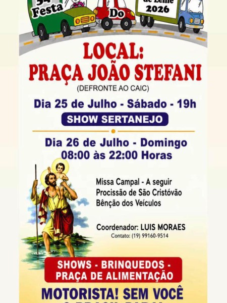 34ª FESTA DO MOTORISTA DE LEME ACONTECE NESTE FIM DE SEMANA COM FÉ, TRADIÇÃO E CONFRATERNIZAÇÃO