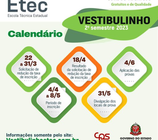 Divulgado o calendário do Vestibulinho da Escola Técnica para vagas no 2º semestre de 2023}