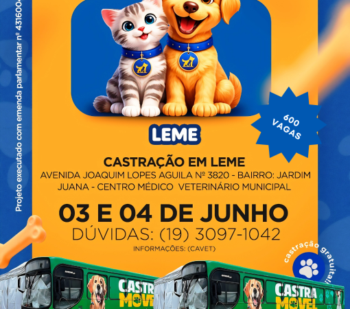 SUCESSO DO ABRIL LARANJA GARANTE MAIS 600 CASTRAÇÕES GRATUITAS EM LEME NOS DIAS 03 E 04 DE JUNHO}
