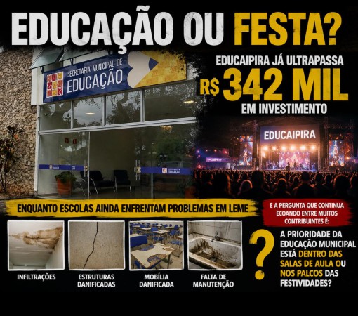 EDUCAÇÃO OU FESTA? EDUCAIPIRA JÁ ULTRAPASSA R$ 342 MIL ENQUANTO ESCOLAS AINDA ENFRENTAM PROBLEMAS EM LEME}
