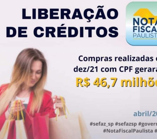 Secretaria da Fazenda do estado de São Paulo liberou  R$ 46,7 milhões em créditos da nota fiscal paulista agora em abril}