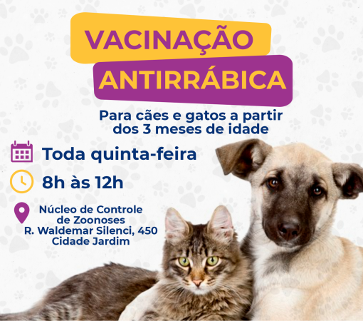 Núcleo de Zoonoses oferece vacina antirrábica para cães e gatos}