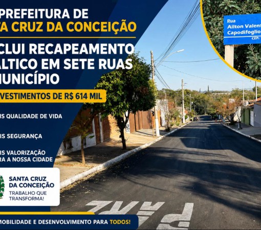 PREFEITURA DE SANTA CRUZ DA CONCEIÇÃO CONCLUI RECAPEAMENTO ASFÁLTICO EM SETE RUAS DO MUNICÍPIO COM INVESTIMENTOS DE R$ 614 MIL}