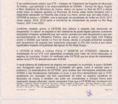 CETESB AFIRMA: “ESTAÇÃO DE TRATAMENTO DE ESGOTO DE ARARAS NÃO TEM CAPACIDADE DE TRATAR OS ESGOTOS SANITÁRIOS DO MUNICÍPIO DE ARARAS”}