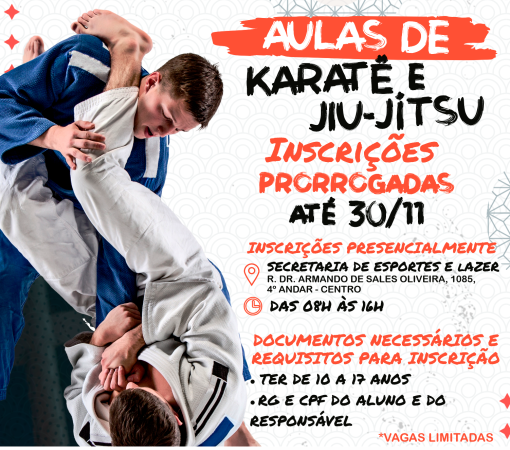 Secretaria de Esportes e Lazer oferece aulas de Jiu-jitsu e Karatê gratuitas para jovens de 10 a 17 anos}