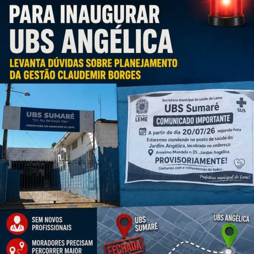 SAÚDE EM MODO IMPROVISO? FECHAMENTO DA UBS SUMARÉ PARA INAUGURAR UBS ANGÉLICA LEVANTA DÚVIDAS SOBRE PLANEJAMENTO DA GESTÃO CLAUDEMIR BORGES
