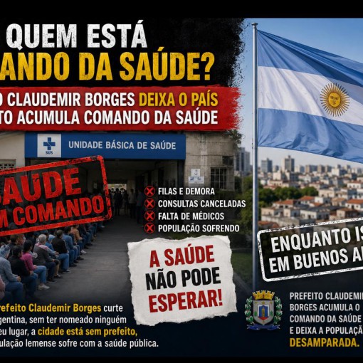 QUEM ESTÁ CUIDANDO DA SAÚDE? PREFEITO CLAUDEMIR BORGES DEIXA O PAÍS ENQUANTO ACUMULA COMANDO DA SAÚDE E POPULAÇÃO ENFRENTA DIFICULDADES NO ATENDIMENTO