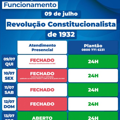 ATENÇÃO AO FUNCIONAMENTO DA SAECIL DEVIDO AO FERIADO DE 09 DE JULHO