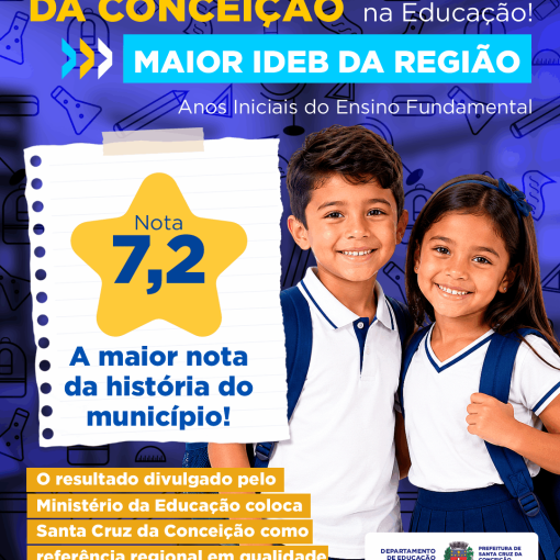 SANTA CRUZ DA CONCEIÇÃO ALCANÇA O MAIOR IDEB DA REGIÃO E REGISTRA A MELHOR NOTA DA HISTÓRIA DO MUNICÍPIO
