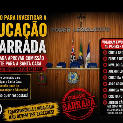 COMISSÃO PARA INVESTIGAR A EDUCAÇÃO É BARRADA APÓS CÂMARA APROVAR COMISSÃO SEMELHANTE PARA A SANTA CASA E GERA QUESTIONAMENTOS EM LEME