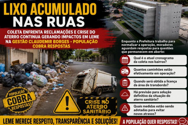 LIXO ACUMULADO NAS RUAS: COLETA ENFRENTA RECLAMAÇÕES E CRISE DO ATERRO CONTINUA GERANDO IMPACTOS EM LEME NA GESTÃO CLAUDEMIR BORGES}