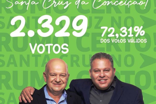 DU ARANHA É REELEITO PREFEITO DE SANTA CRUZ DA CONCEIÇÃO COM 72,31% DOS VOTOS}