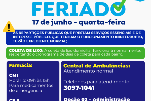 FERIADO MUNICIPAL NAS REPARTIÇÕES PÚBLICAS MUNICIPAIS DIA 17 DE JUNHO}