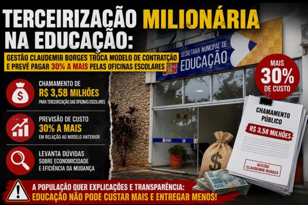 TERCEIRIZAÇÃO MILIONÁRIA NA EDUCAÇÃO: GESTÃO CLAUDEMIR BORGES TROCA MODELO DE CONTRATAÇÃO E PREVÊ PAGAR 30% A MAIS PELAS OFICINAS ESCOLARES}