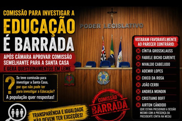 COMISSÃO PARA INVESTIGAR A EDUCAÇÃO É BARRADA APÓS CÂMARA APROVAR COMISSÃO SEMELHANTE PARA A SANTA CASA E GERA QUESTIONAMENTOS EM LEME}