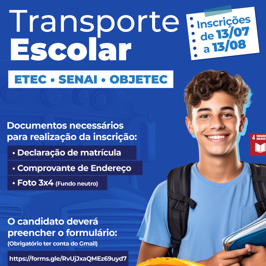 INSCRIÇÕES ABERTAS PARA O TRANSPORTE ESCOLAR DO 2º SEMESTRE DE 2026 – DE 13 DE JULHO A 13 DE AGOSTO DE 2026