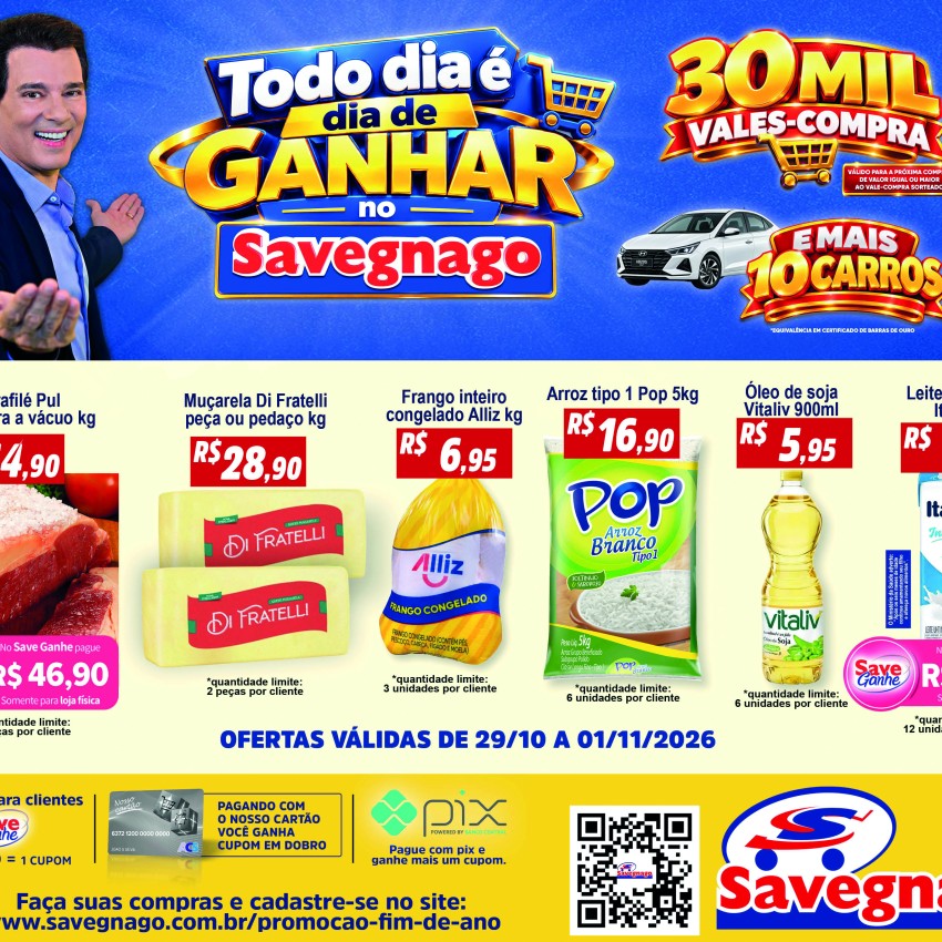 CAMPANHA DE FINAL DE ANO 2026 DO SAVEGNAGO SUPERMERCADOS DISTRIBUI 30 MIL VALES-COMPRAS E SORTEIA 10 CARROS