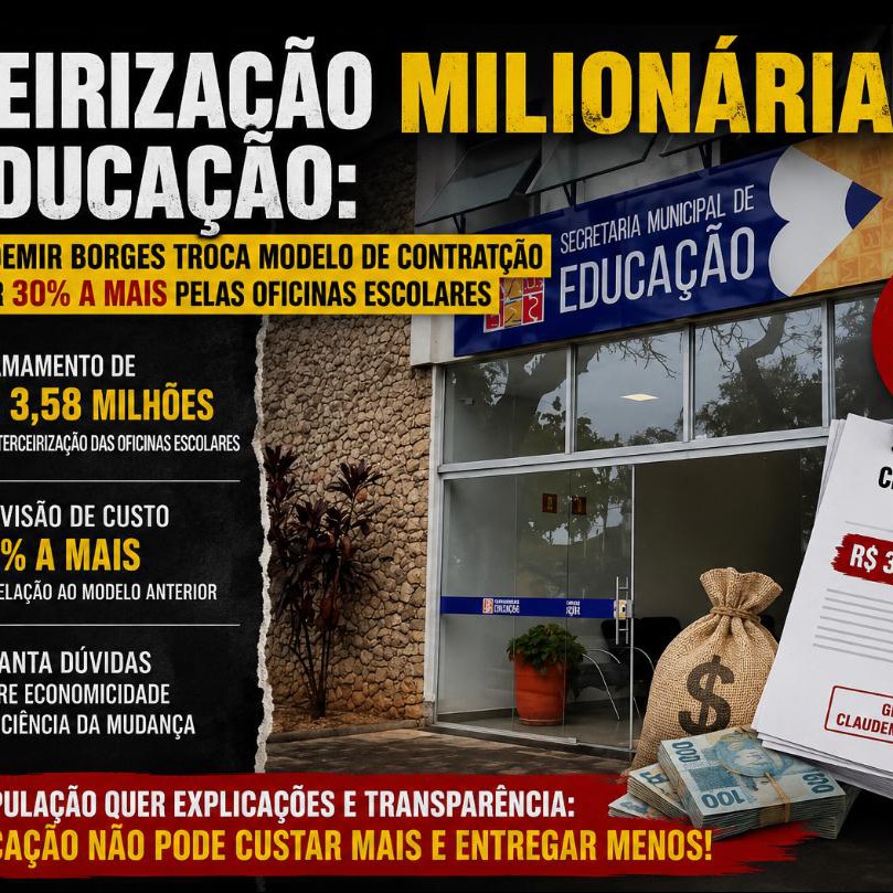 TERCEIRIZAÇÃO MILIONÁRIA NA EDUCAÇÃO: GESTÃO CLAUDEMIR BORGES TROCA MODELO DE CONTRATAÇÃO E PREVÊ PAGAR 30% A MAIS PELAS OFICINAS ESCOLARES