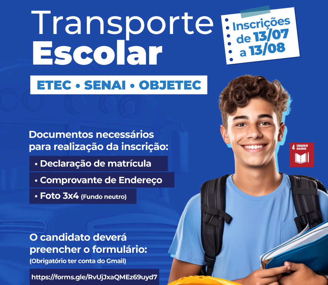 INSCRIÇÕES ABERTAS PARA O TRANSPORTE ESCOLAR DO 2º SEMESTRE DE 2026 – DE 13 DE JULHO A 13 DE AGOSTO DE 2026