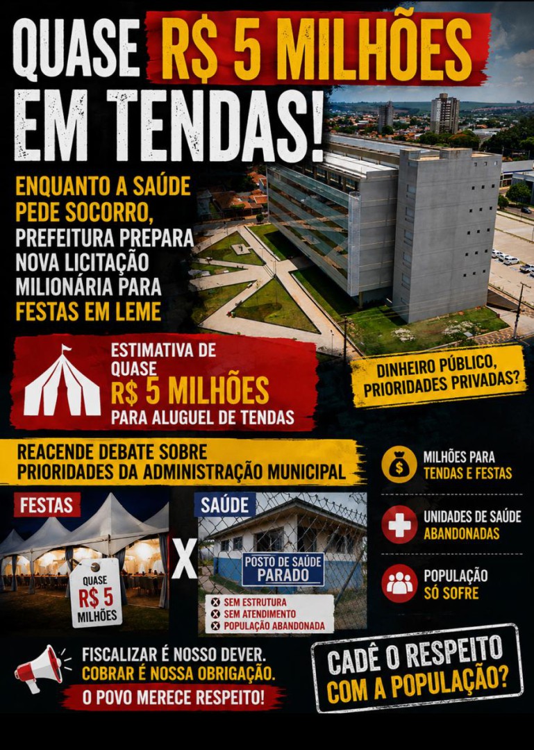 QUASE R$ 5 MILHÕES EM TENDAS! ENQUANTO A SAÚDE PEDE SOCORRO, PREFEITURA PREPARA NOVA LICITAÇÃO MILIONÁRIA PARA FESTAS EM LEME