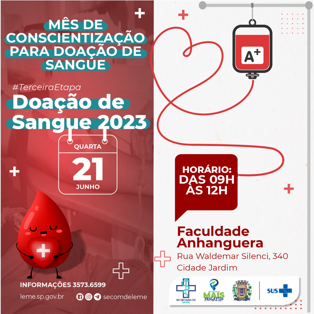 Terceira etapa do calendário de doação de sangue 2023 acontece dia 21 de junho