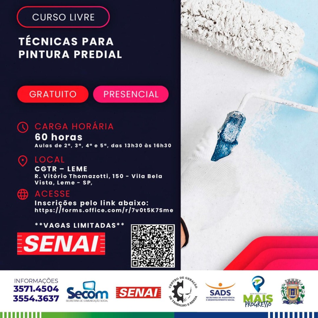 INSCRIÇÕES ABERTAS - CURSO GRATUITO: TÉCNICAS PARA PINTURA PREDIAL