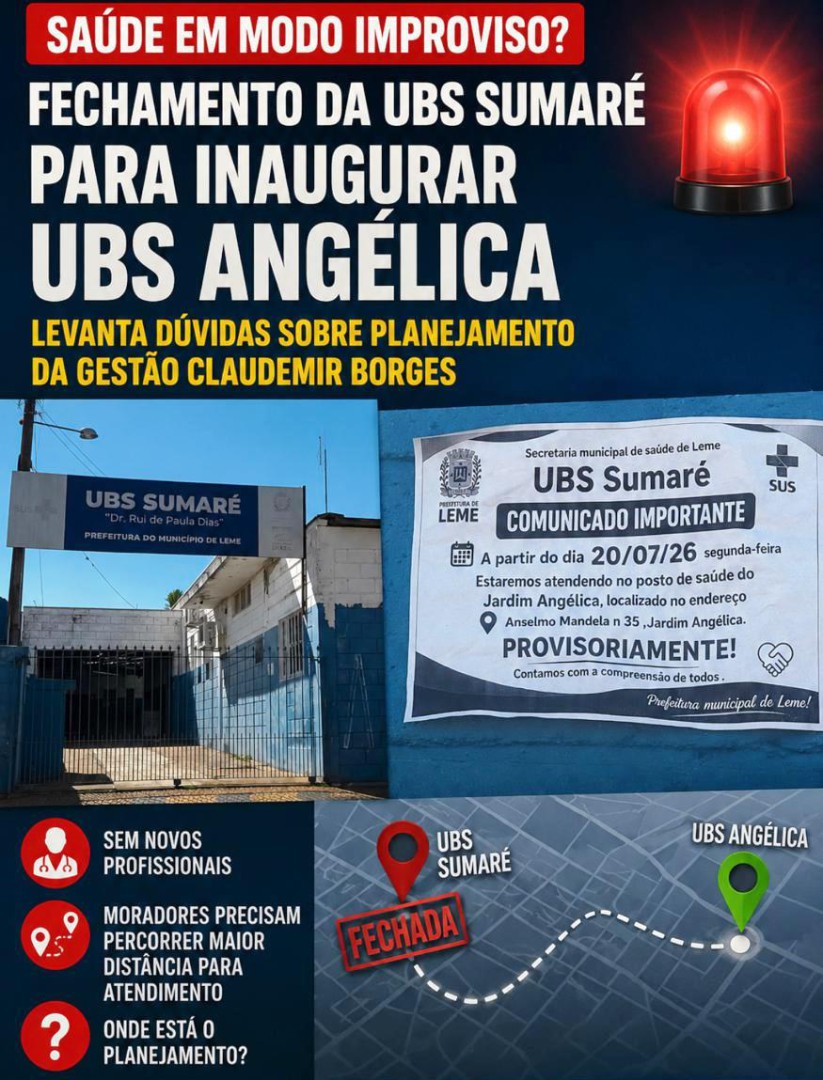 SAÚDE EM MODO IMPROVISO? FECHAMENTO DA UBS SUMARÉ PARA INAUGURAR UBS ANGÉLICA LEVANTA DÚVIDAS SOBRE PLANEJAMENTO DA GESTÃO CLAUDEMIR BORGES