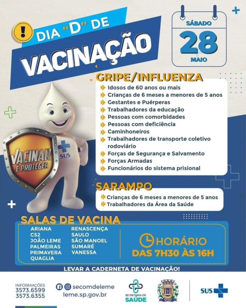 DIA “D” DE VACINAÇÃO CONTRA A INFLUENZA E SARAMPO – 28 DE MAIO DAS 7H30 ÀS 16H