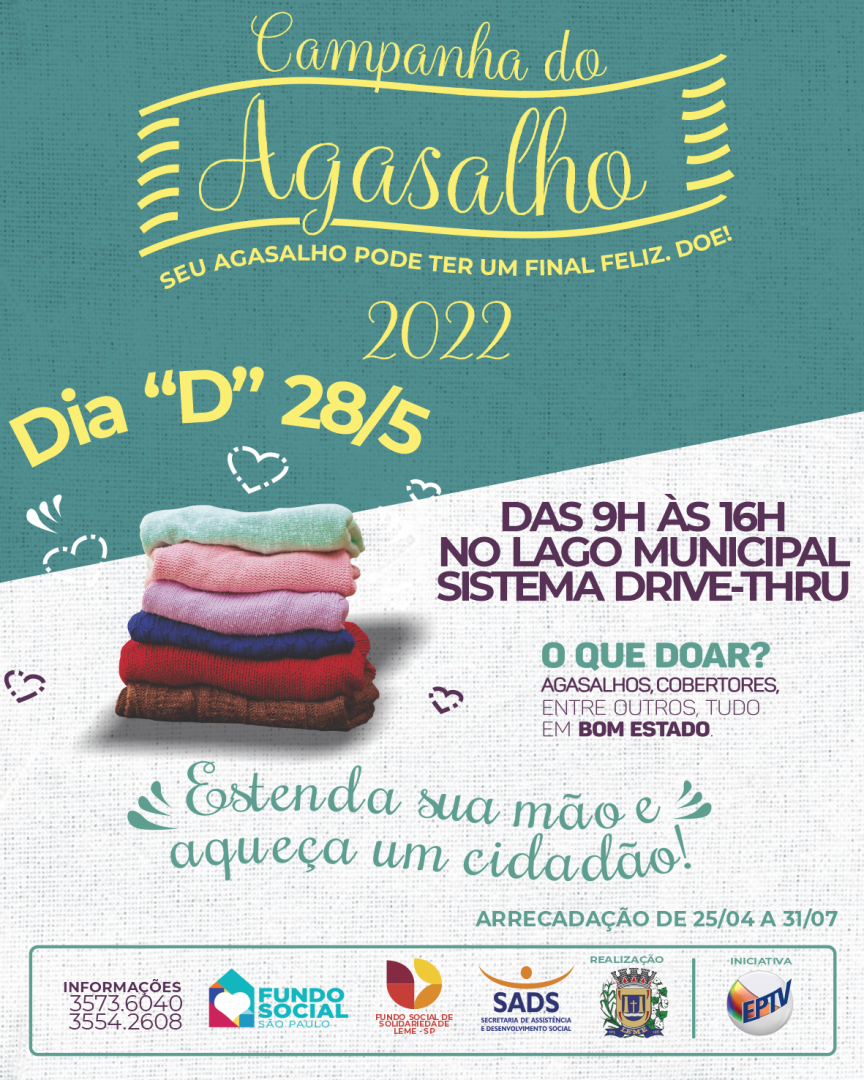 Campanha do Agasalho 2022 -Dia “D” de arrecadação acontece dia 28 de Maio, no Lago Municipal