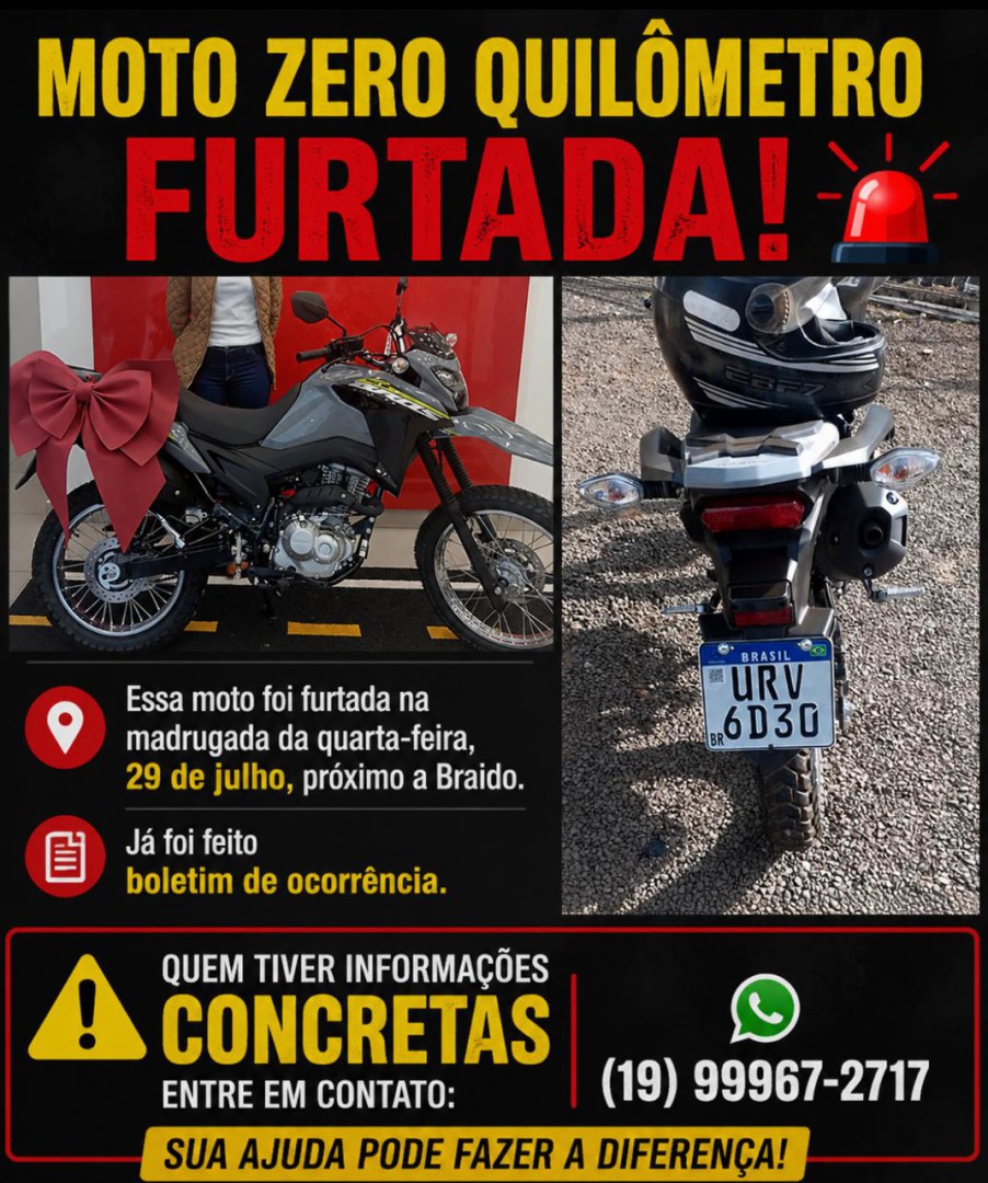 MOTO ZERO QUILÔMETRO É FURTADA EM LEME