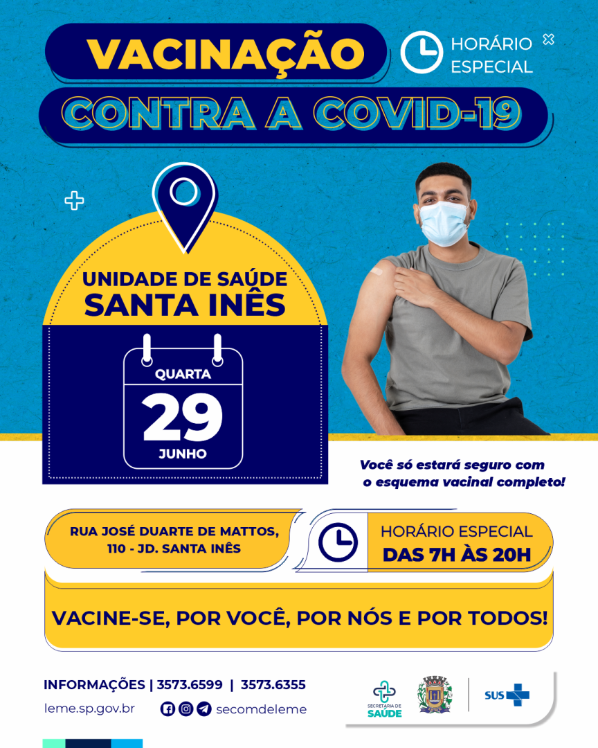 Vacinação covid-19 – Horário estendido para vacinação na quarta feira, dia 29 de Junho