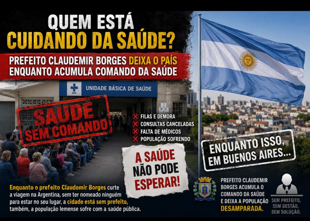 QUEM ESTÁ CUIDANDO DA SAÚDE? PREFEITO CLAUDEMIR BORGES DEIXA O PAÍS ENQUANTO ACUMULA COMANDO DA SAÚDE E POPULAÇÃO ENFRENTA DIFICULDADES NO ATENDIMENTO