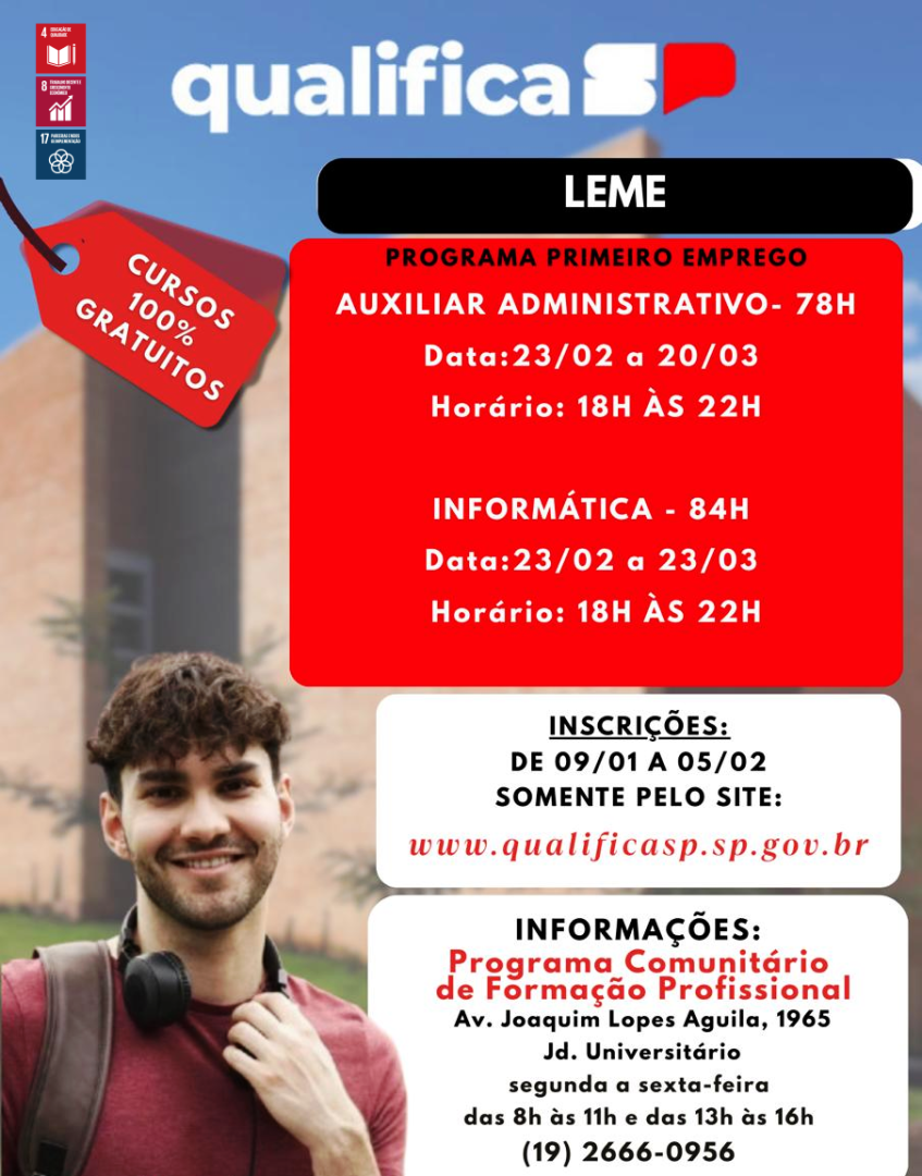 PREFEITURA DE LEME, QUALIFICA SP E SEST SENAT ABREM INSCRIÇÕES PARA CURSOS GRATUITOS DE QUALIFICAÇÃO