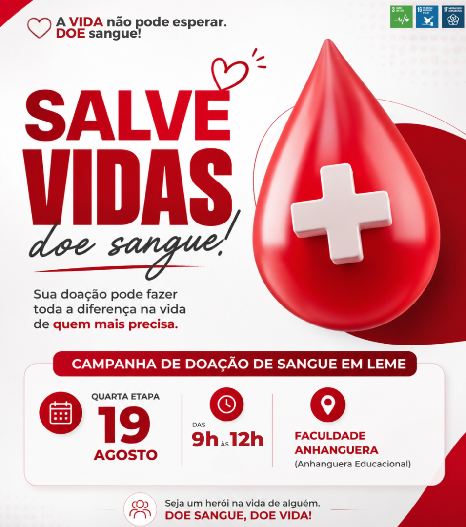 QUARTA ETAPA DO CALENDÁRIO DE DOAÇÃO DE SANGUE SERÁ NO DIA 19 DE AGOSTO