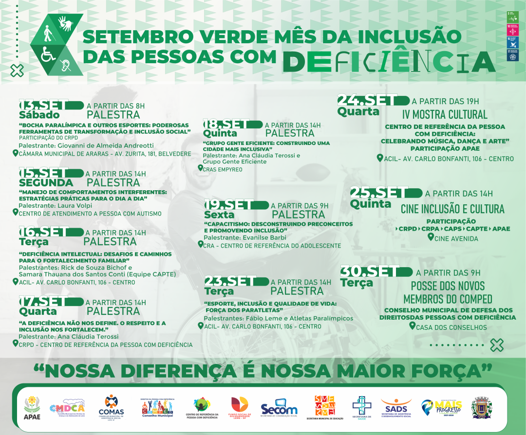 SETEMBRO VERDE - MÊS DA INCLUSÃO DAS PESSOAS COM DEFICIÊNCIA – A PROGRAMAÇÃO CONTINUA