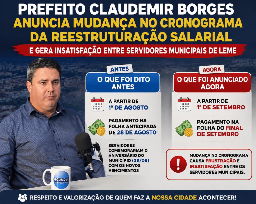 PREFEITO CLAUDEMIR BORGES ANUNCIA MUDANÇA NO CRONOGRAMA DA REESTRUTURAÇÃO SALARIAL E GERA INSATISFAÇÃO ENTRE SERVIDORES MUNICIPAIS DE LEME