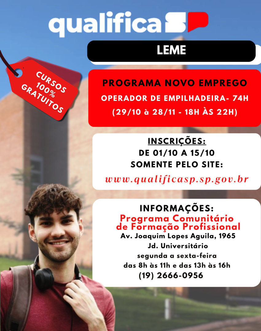 INSCRIÇÕES PARA CURSO DE OPERADOR DE EMPILHADEIRA GRATUITO