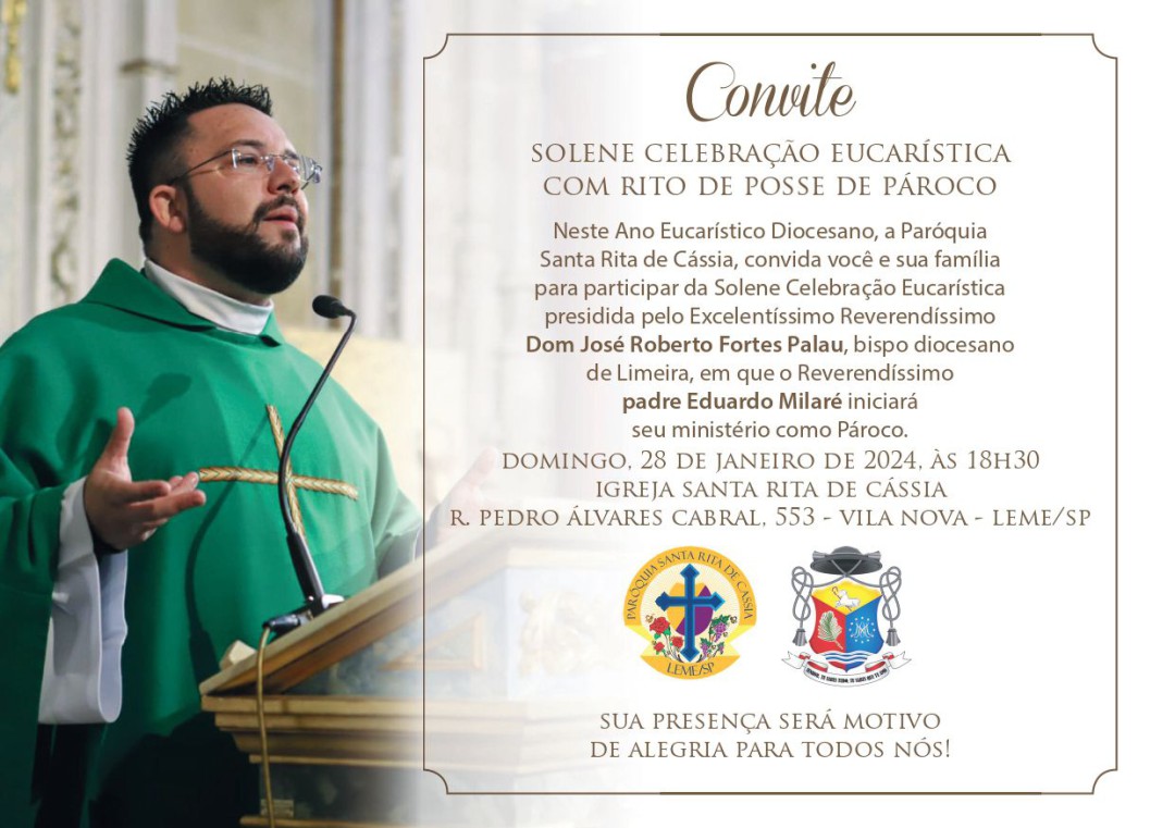 CONVITE PARA MISSA DE POSSE DO PADRE EDUARDO MILARÉ