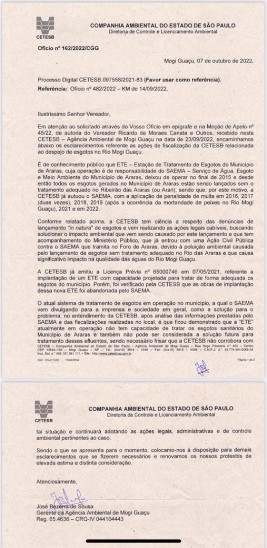 CETESB AFIRMA: “ESTAÇÃO DE TRATAMENTO DE ESGOTO DE ARARAS NÃO TEM CAPACIDADE DE TRATAR OS ESGOTOS SANITÁRIOS DO MUNICÍPIO DE ARARAS”