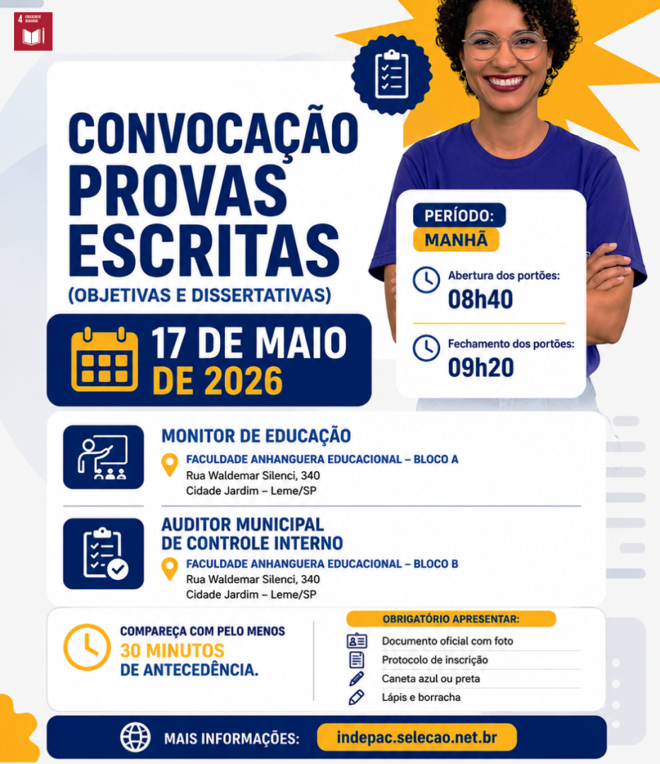 PREFEITURA DIVULGA LOCAIS E HORÁRIOS DAS PROVAS DO CONCURSO PÚBLICO 001/2026