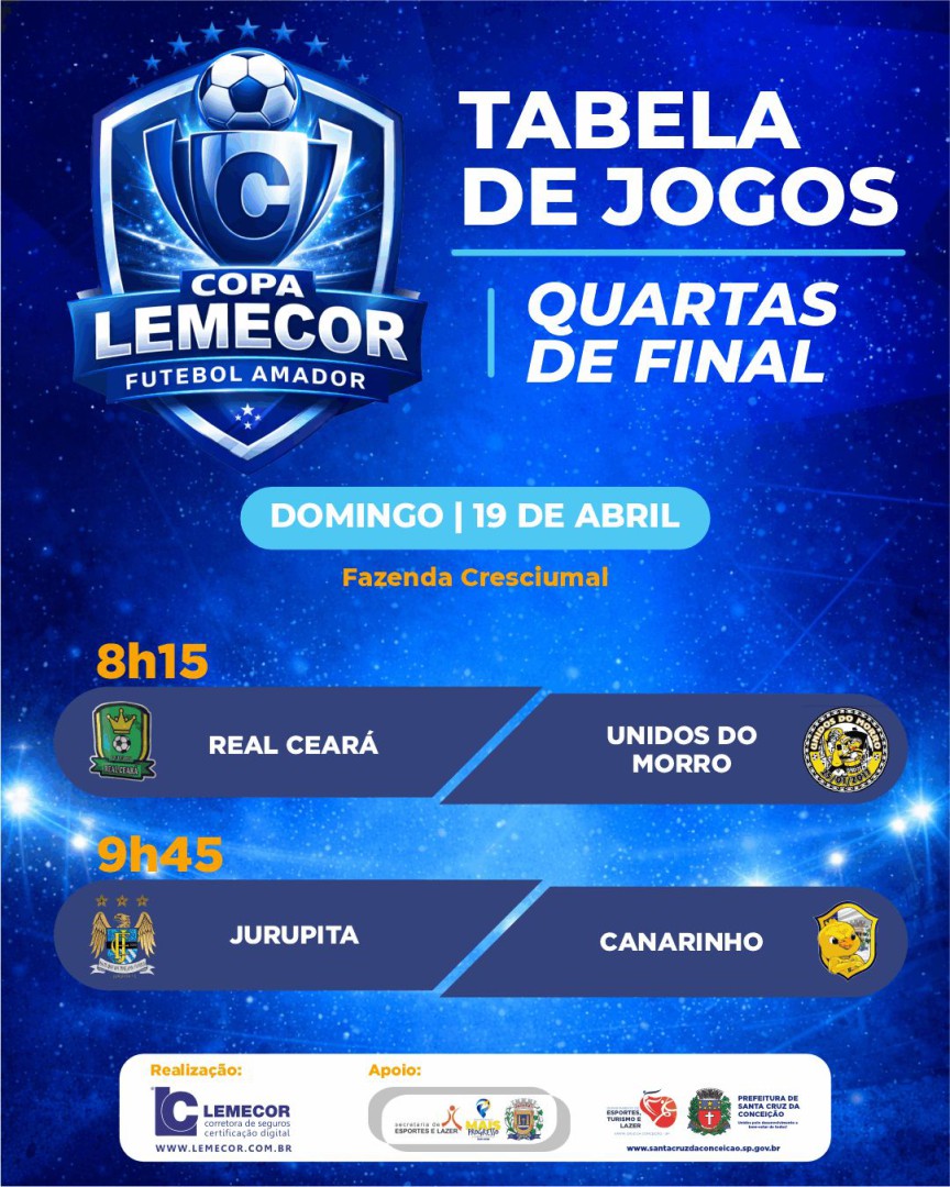 QUARTAS DE FINAL DA COPA LEMECOR PROMETEM EMOÇÃO E DECISÃO NESTE DOMINGO, 19 DE ABRIL