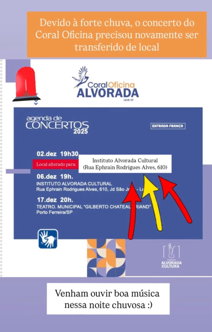ATENÇÃO: MUDANÇA DE LOCAL DO CONCERTO