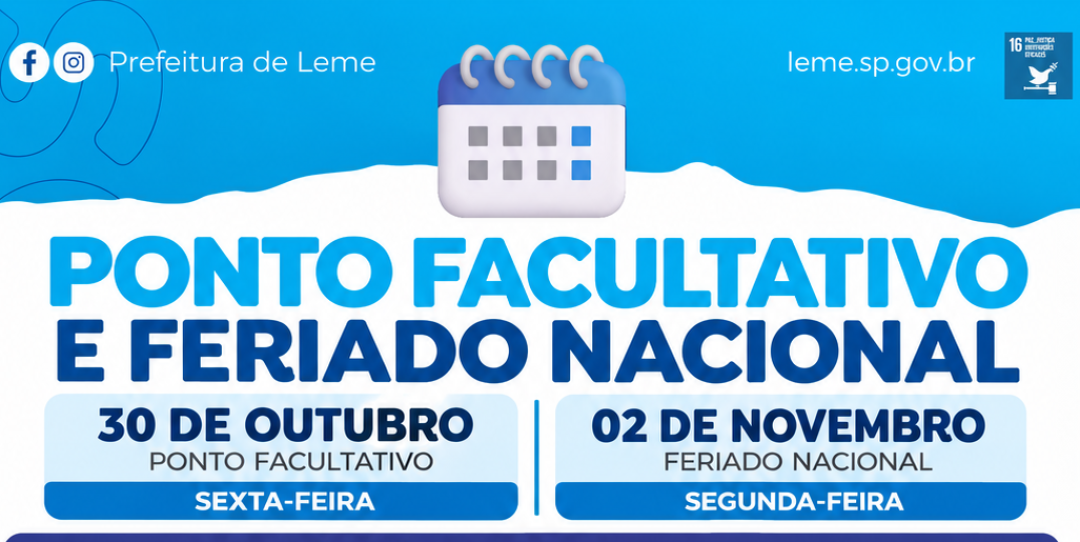PONTO FACULTATIVO E FERIADO NACIONAL NAS REPARTIÇÕES PÚBLICAS MUNICIPAIS NOS DIAS 30 DE OUTUBRO E 02 DE NOVEMBRO