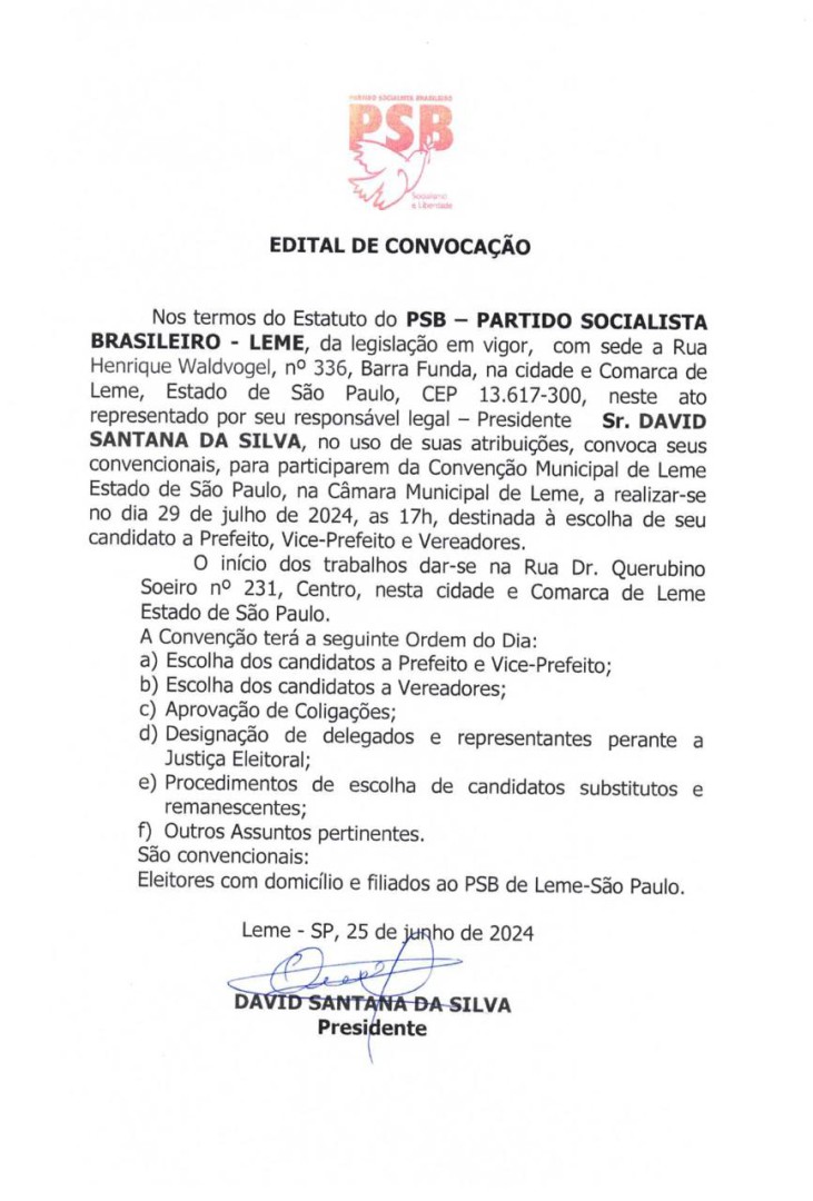 EDITAL DE CONVOCAÇÃO DO PSB