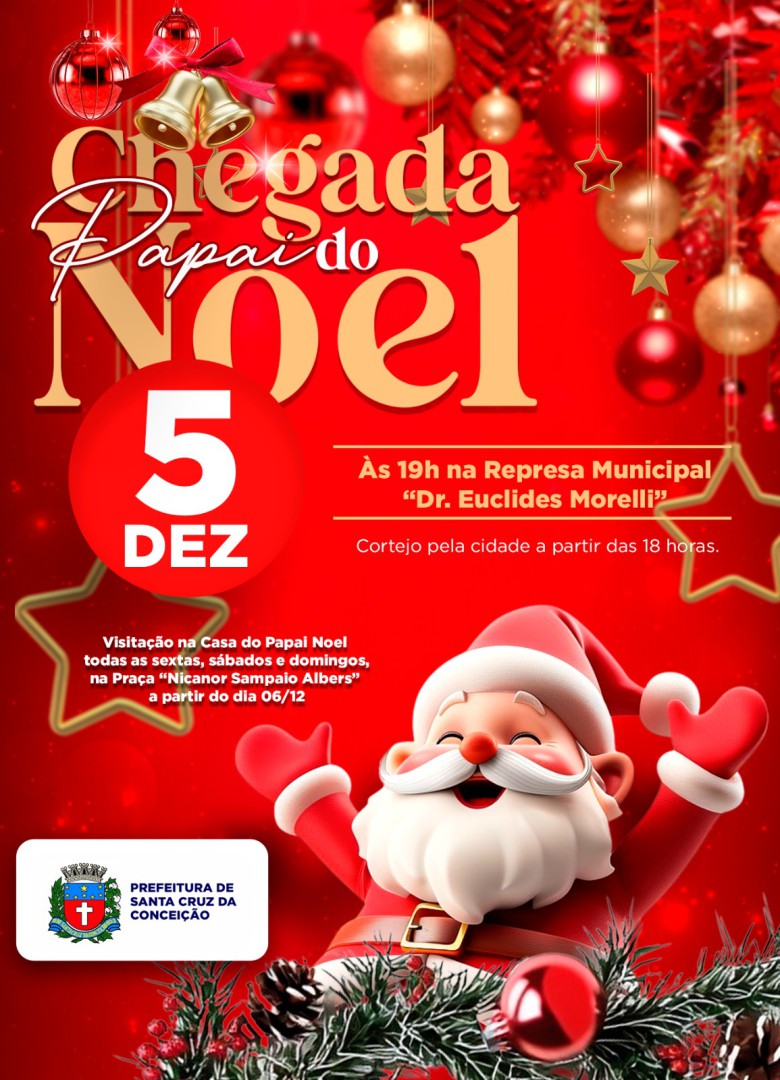 CHEGADA DO PAPAI NOEL ACONTECE NO PRÓXIMO DIA 5 NA REPRESA MUNICIPAL “DR. EUCLIDES MORELLI” EM SANTA CRUZ DA CONCEIÇÃO