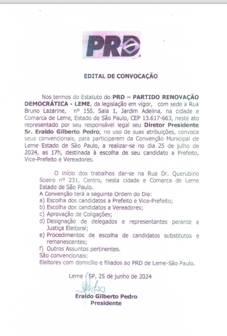 EDITAL DE CONVOCAÇÃO DO PRD